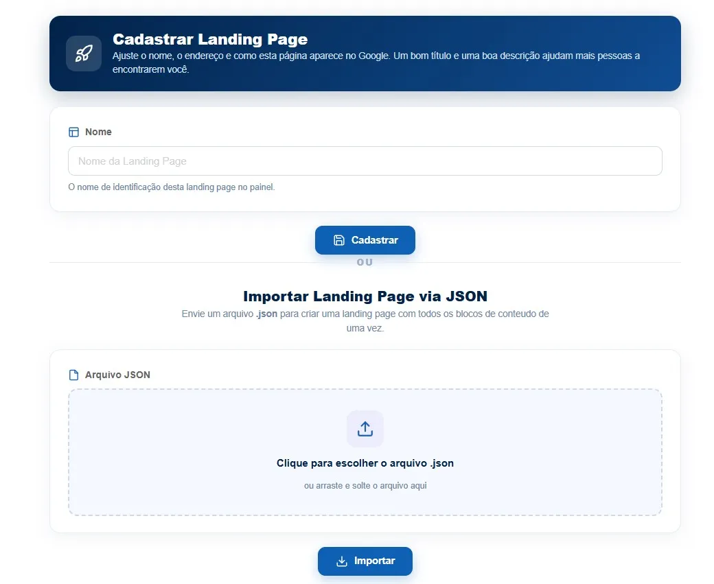 Tela Cadastrar Landing Page, com o campo do nome, o botão Cadastrar e a área de importação via arquivo JSON