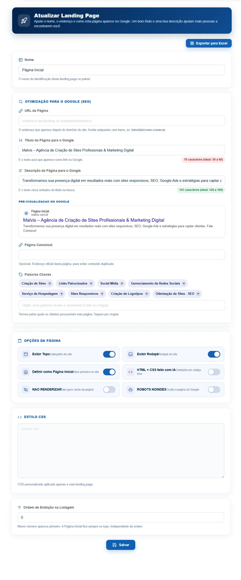 Tela de configurações da landing page, com os campos de SEO, a pré-visualização no Google, as opções da página, o estilo CSS e a ordem de exibição