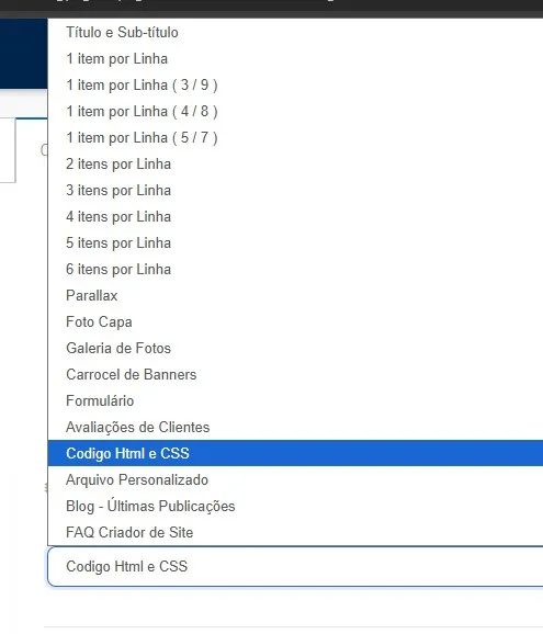 Campo de seleção de layout do bloco de conteúdo, com a lista completa de layouts disponíveis no Criador de Sites Malvis