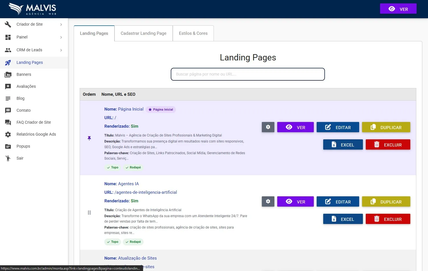 Lista de Landing Pages no Criador de Sites Malvis, com os cards de resumo, a busca e as páginas cadastradas com seus botões de ação