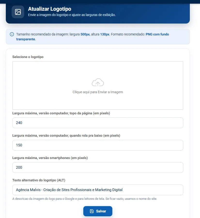 Tela de atualização do logotipo, com a área de envio da imagem, os campos de largura e o texto alternativo