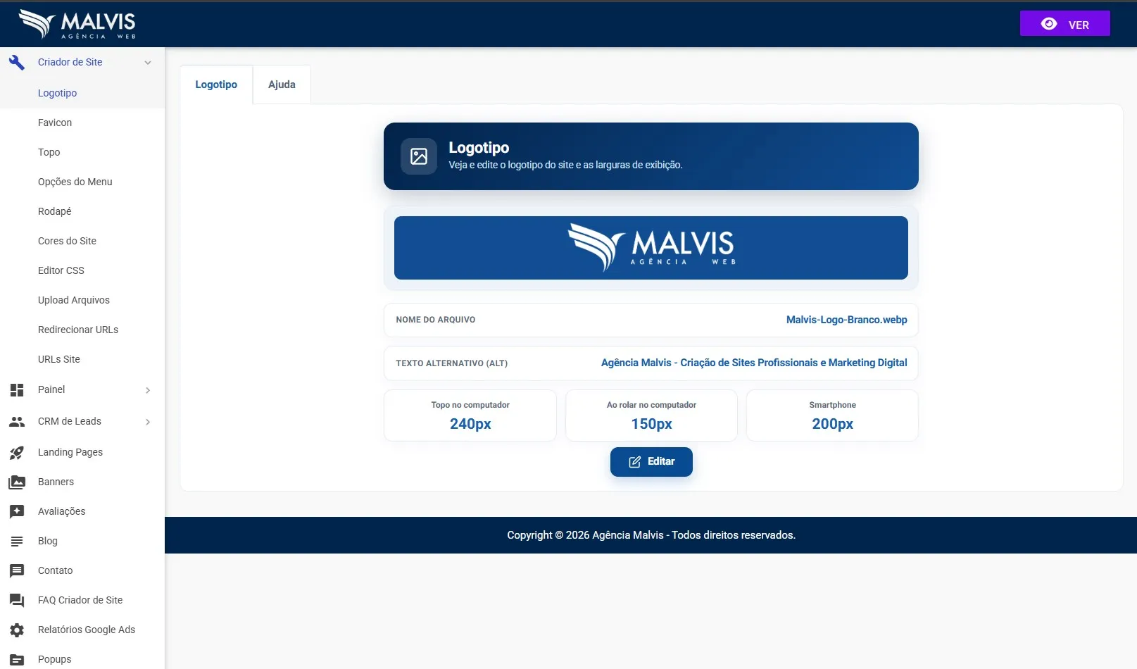 Tela do logotipo no Criador de Sites Malvis, mostrando o logo atual, o nome do arquivo, o texto alternativo e as larguras de exibição