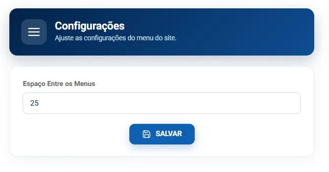 Tela de configurações do menu, com o campo espaço entre os menus e o botão salvar