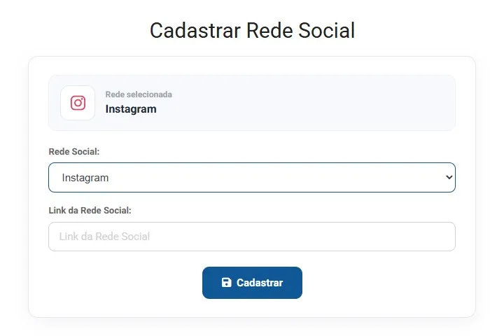 Tela de cadastro de rede social, com a rede selecionada, o seletor de rede social e o campo para o link