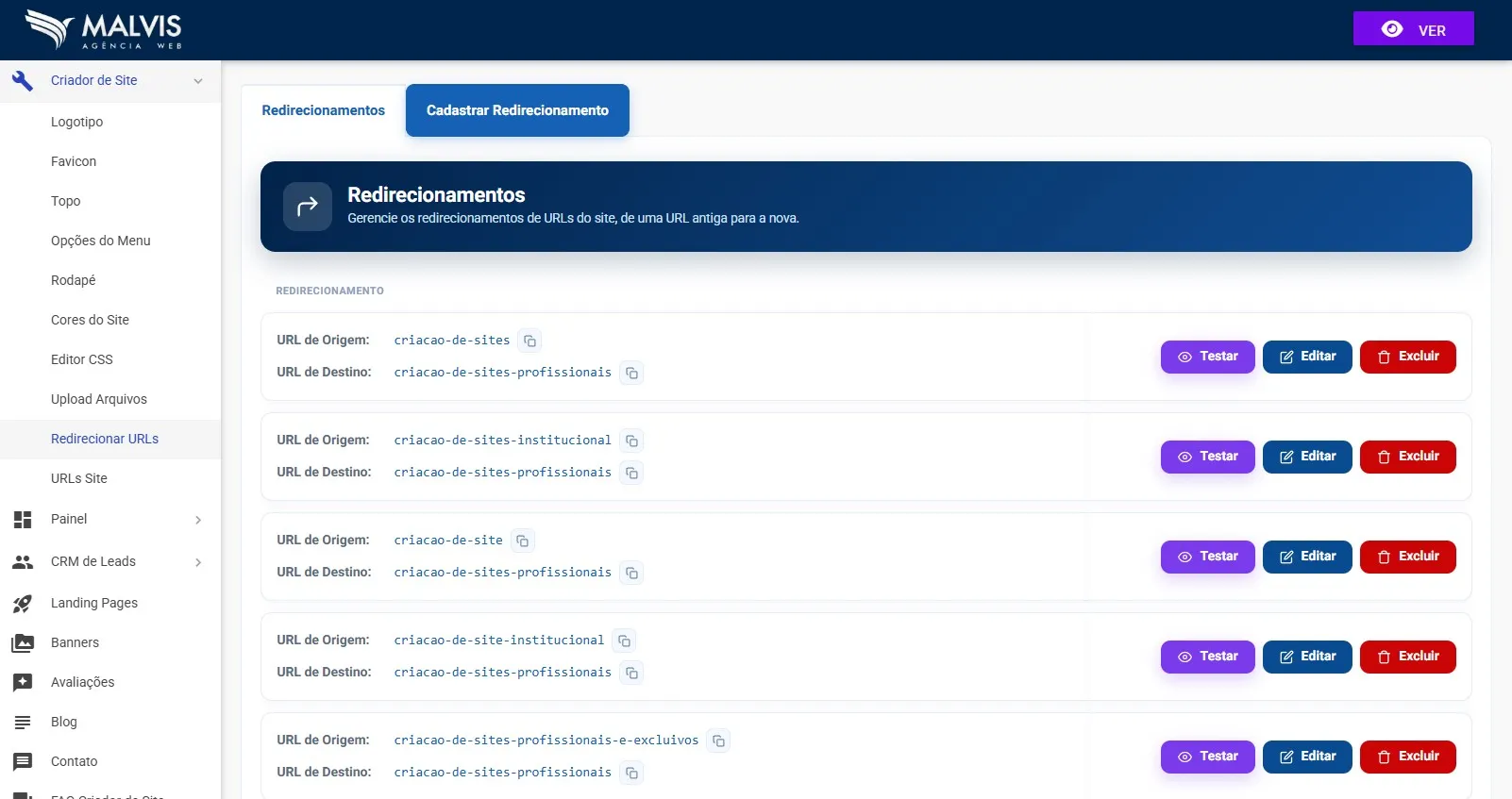 Tela de redirecionamentos no Criador de Sites Malvis, mostrando a lista com URL de origem e URL de destino de cada redirecionamento e os botões testar, editar e excluir
