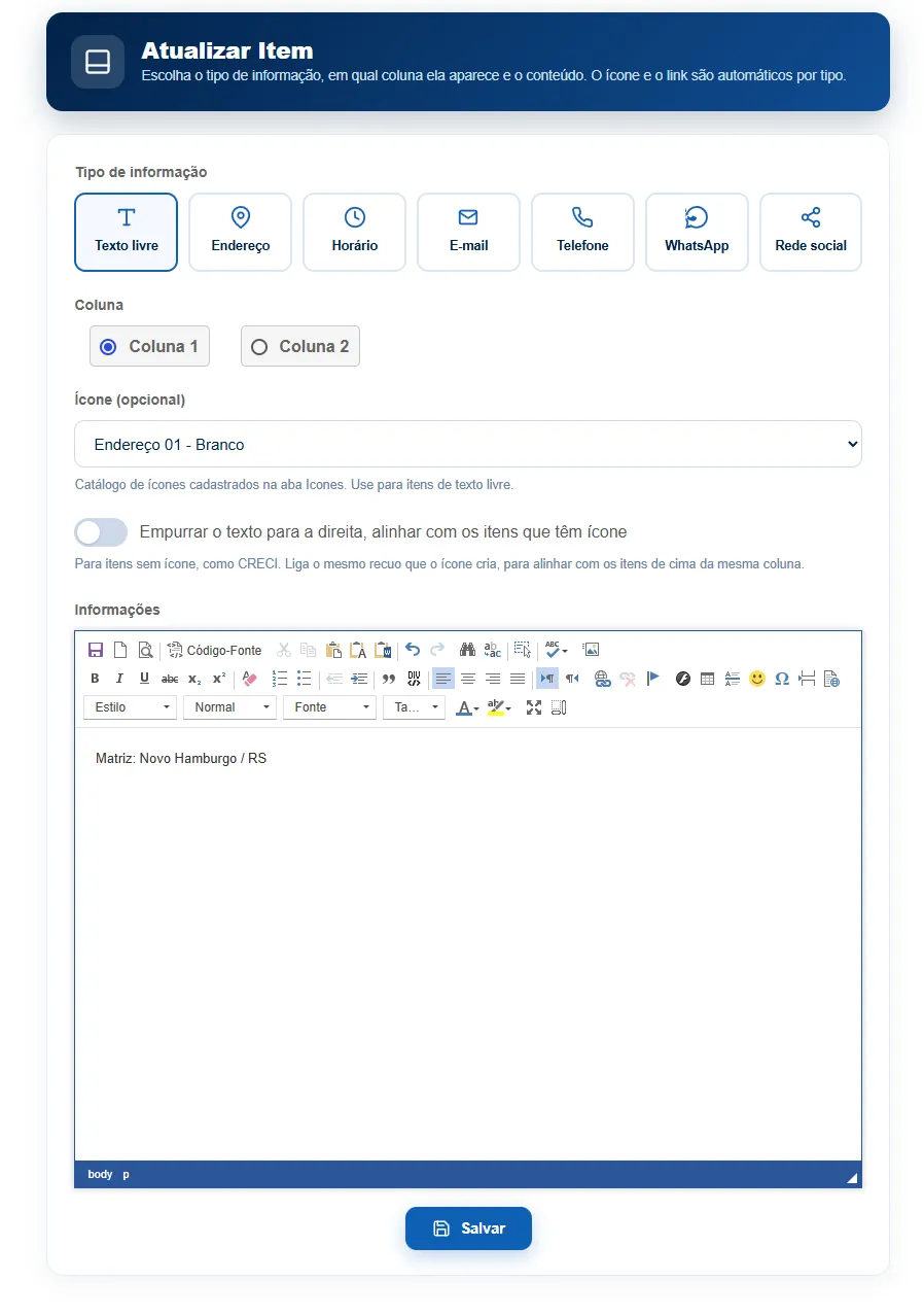 Tela de atualizar item do rodapé, com os tipos de informação, a escolha de coluna, o ícone opcional e o editor de texto