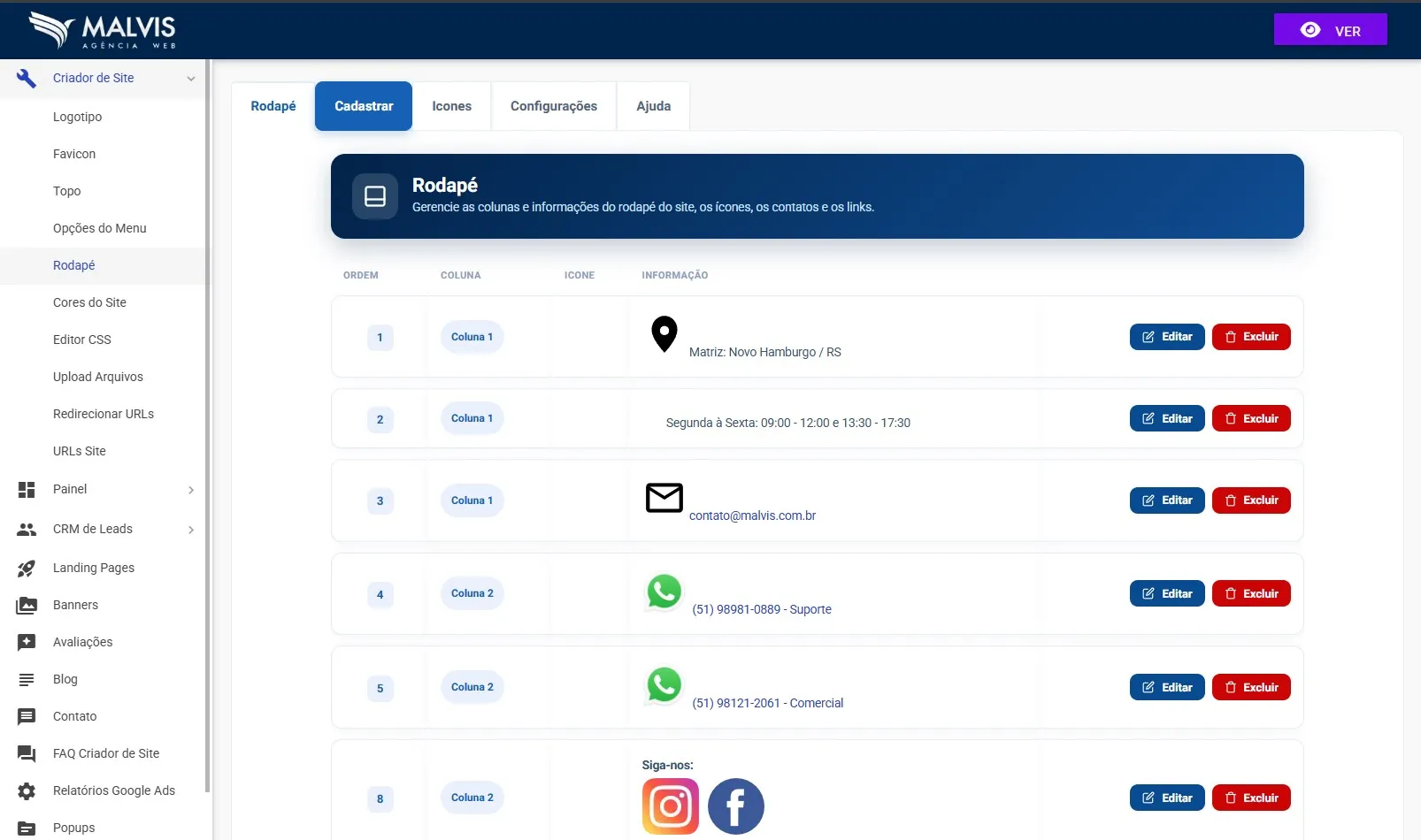 Tela do rodapé no Criador de Sites Malvis, mostrando a lista de itens com ordem, coluna, ícone e informação, cada um com os botões editar e excluir