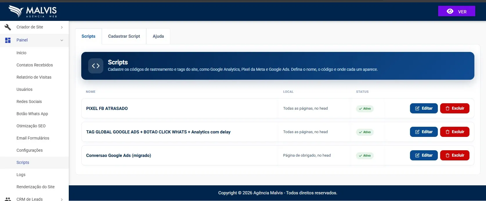 Tela de Scripts no Painel do Criador de Sites Malvis, com a lista de scripts cadastrados mostrando nome, local e status, e os botões Editar e Excluir