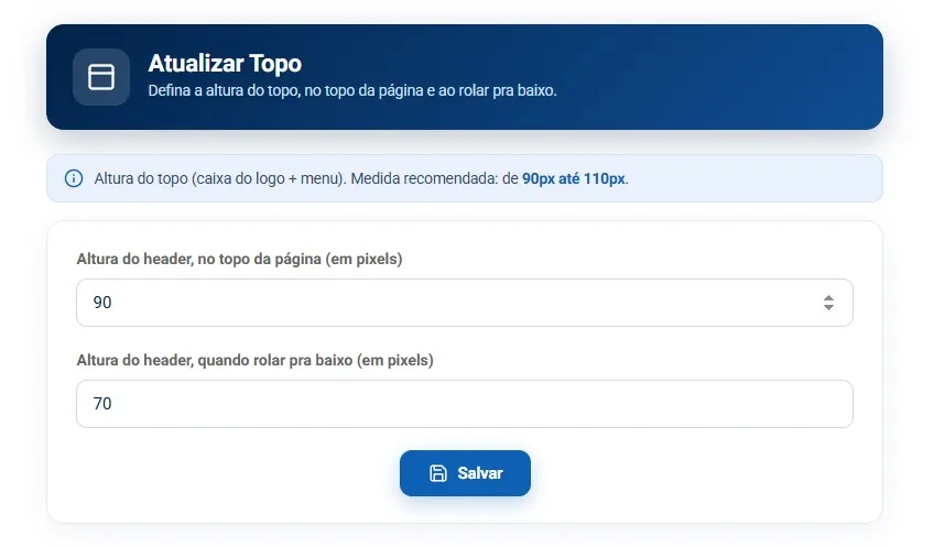 Tela de atualização do topo, com os campos de altura no topo da página e ao rolar pra baixo