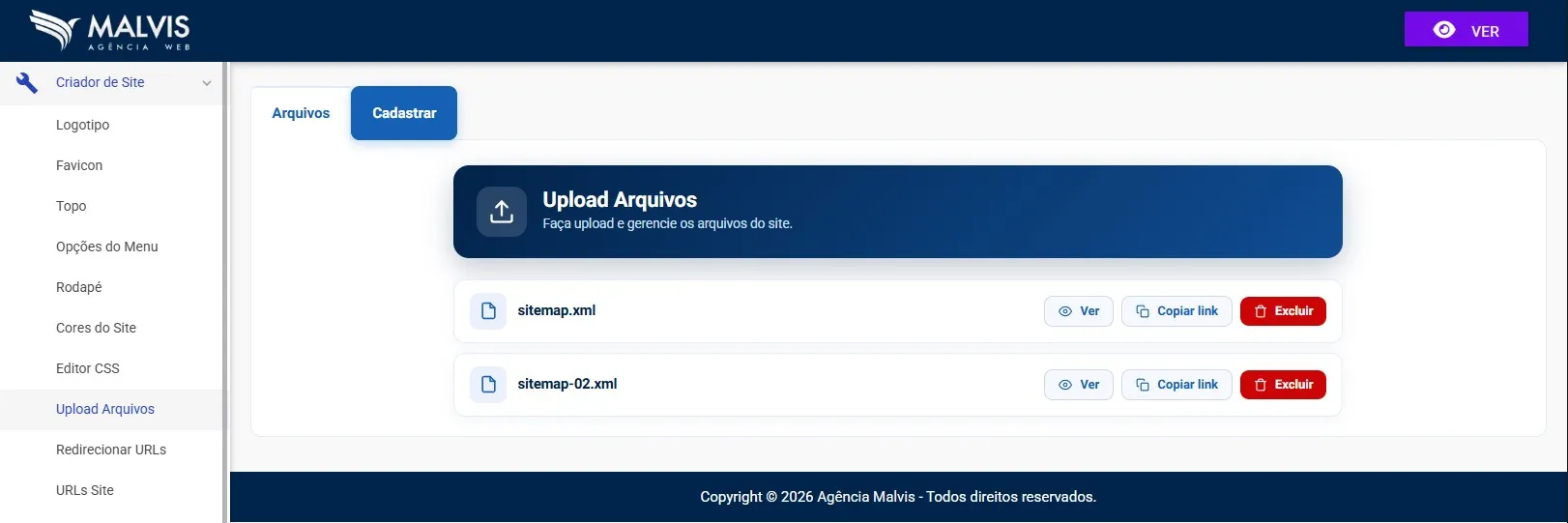 Tela de upload de arquivos no Criador de Sites Malvis, mostrando a lista de arquivos enviados, cada um com os botões ver, copiar link e excluir