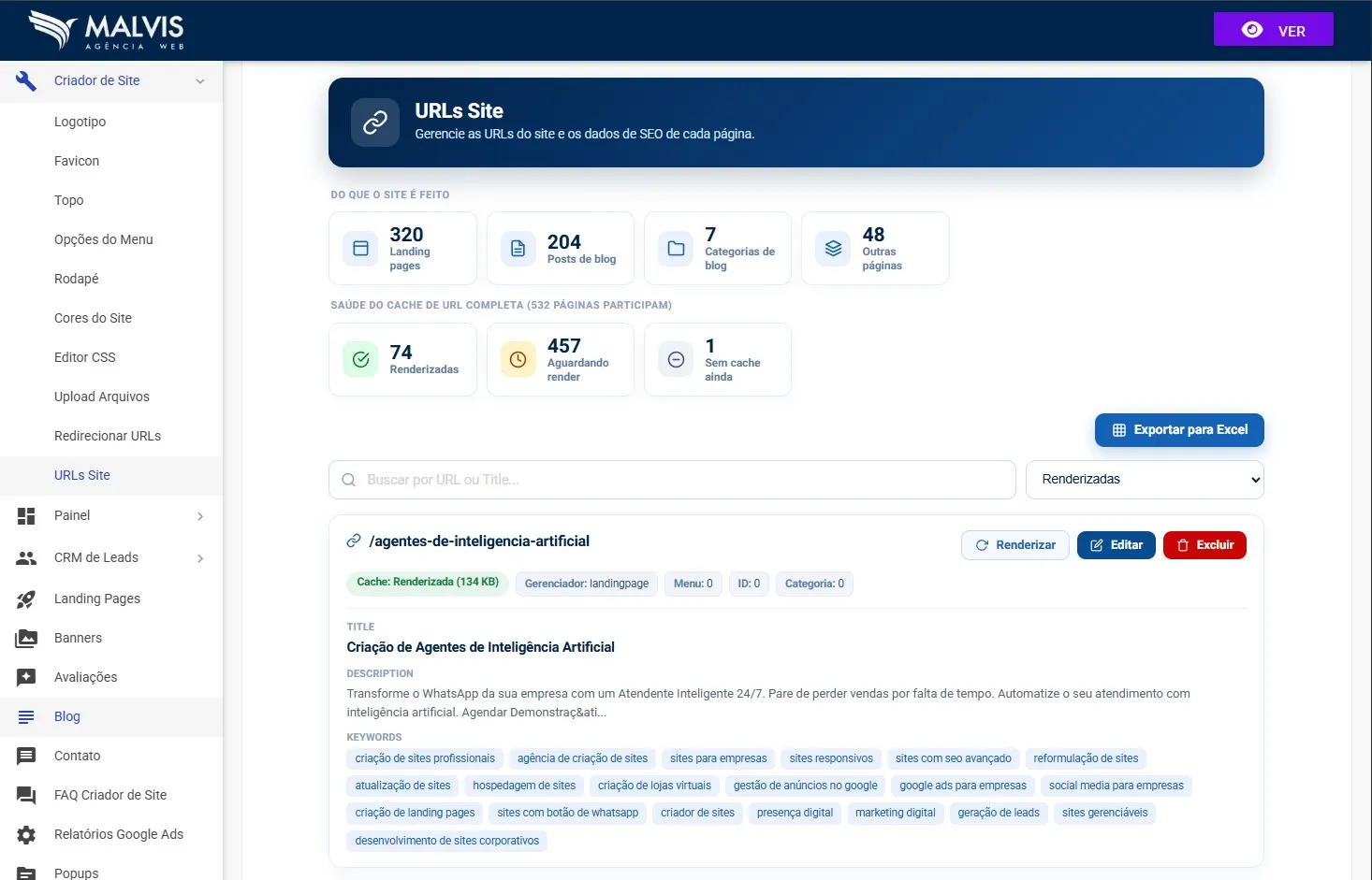 Tela de URLs do Site no Criador de Sites Malvis, com o resumo de páginas, a saúde do cache, o botão exportar para Excel, a busca e a lista de páginas com dados de SEO