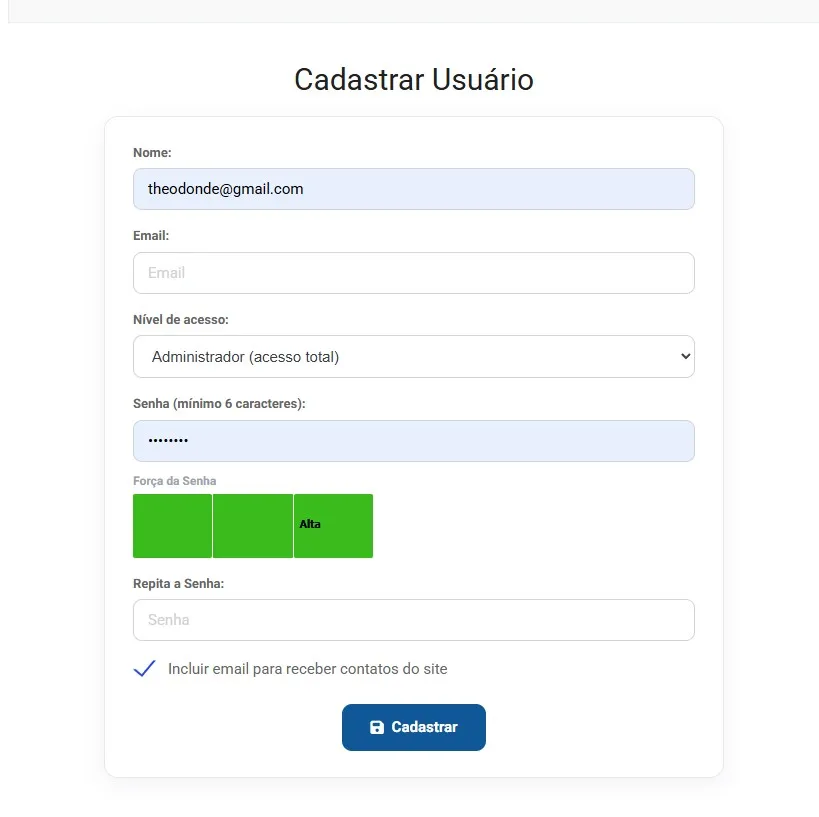 Tela de cadastro de usuário, com os campos nome, email, nível de acesso, senha com indicador de força e repetição da senha