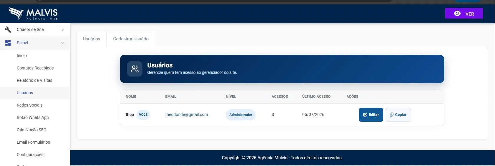 Tela de usuários no Criador de Sites Malvis, mostrando a lista com nome, email, nível de acesso, acessos, último acesso e os botões editar e copiar